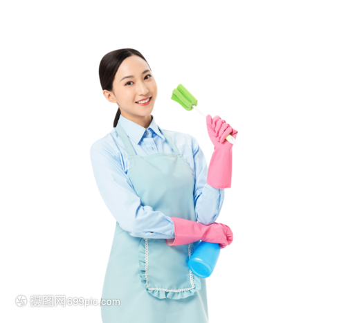 家政服務(wù)女性 專業(yè)手中的噴壺與長(zhǎng)柄清潔刷